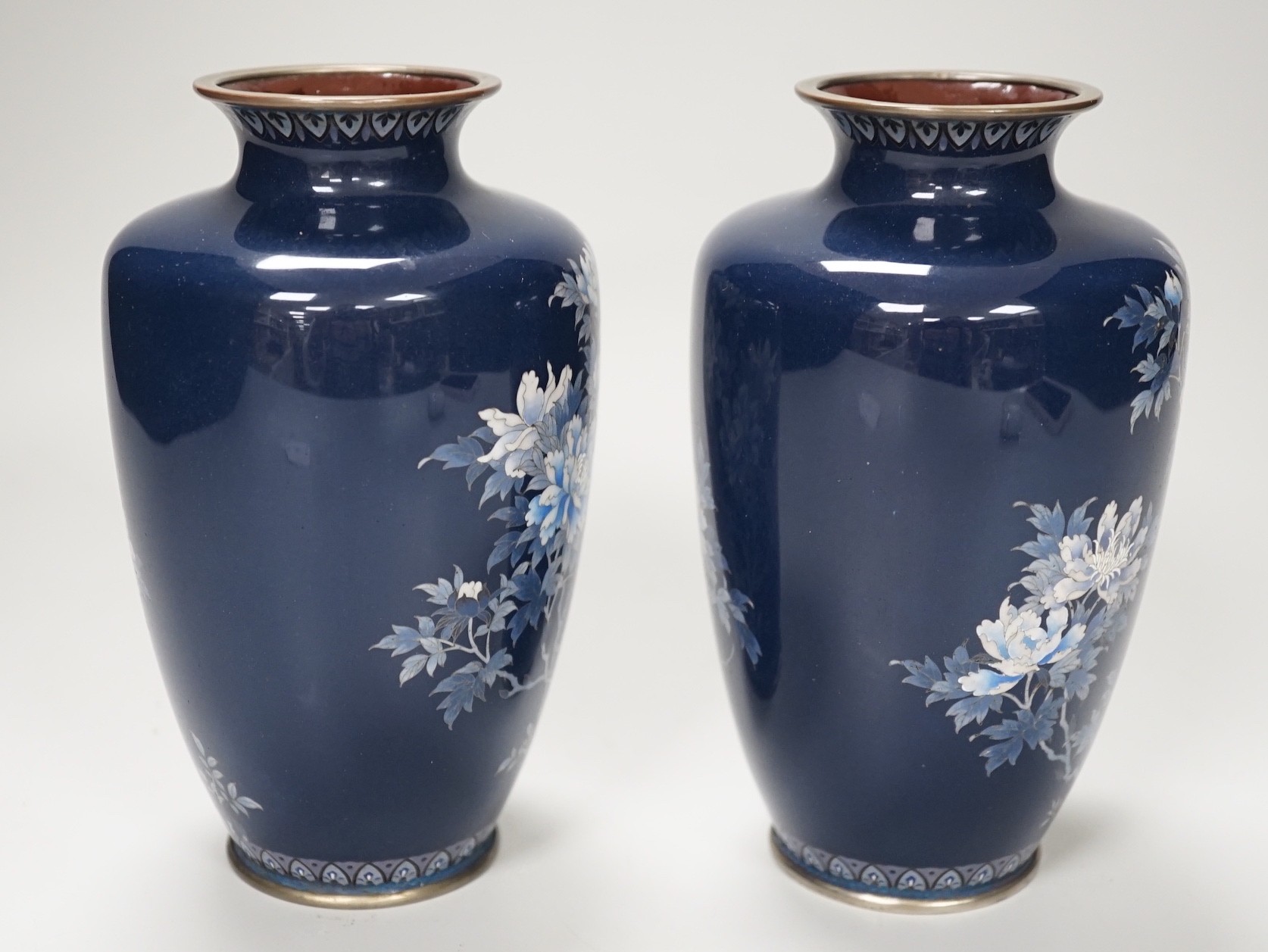 A pair of Japanese silver wine cloisonné enamel vases. 15cm high